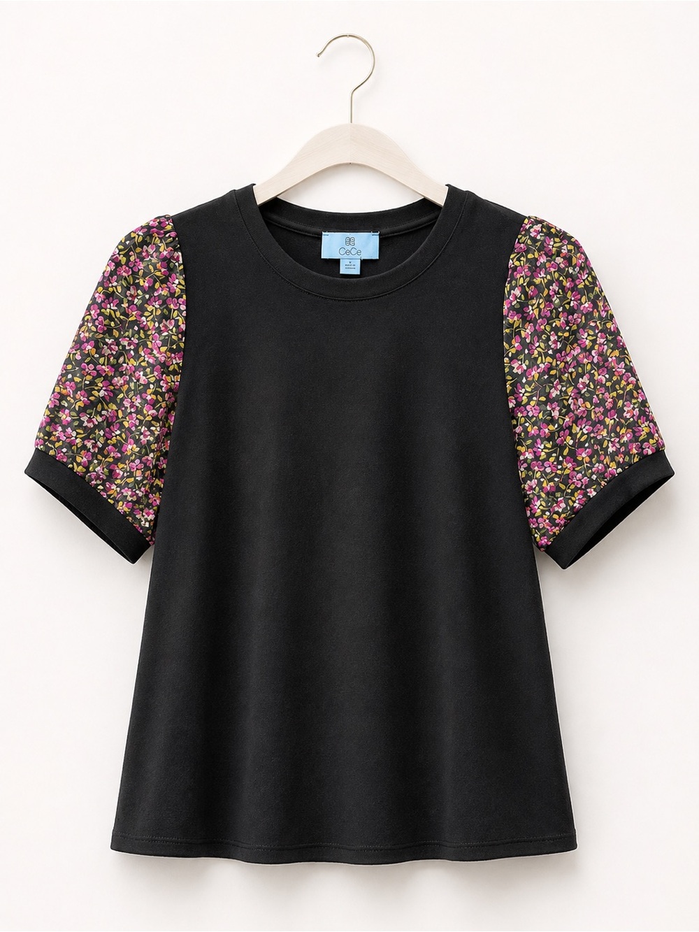CeCe Black Floral Puff Sleeve Crew Neck Blouse Top Size Medium